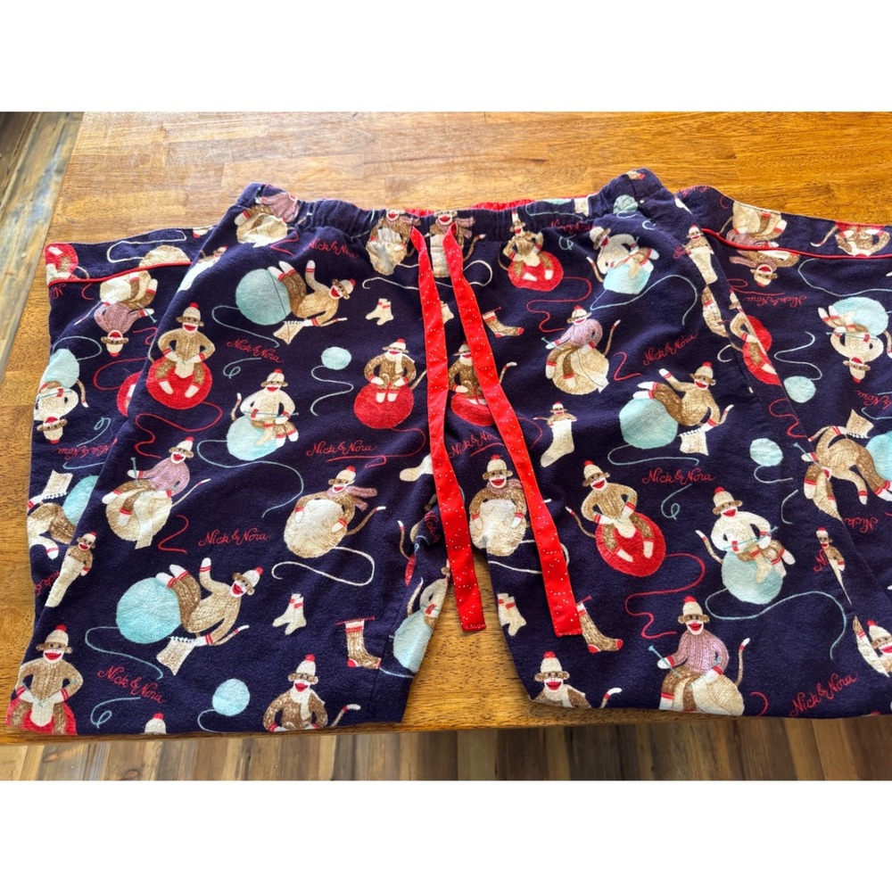 Nick & Nora Sock Monkey Flannel Pajama Set Navy Blue Cotton Women Large